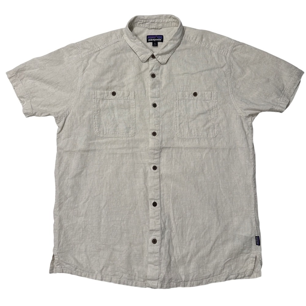 Patagonia Mens XL Hemp Organic Cotton Short Sleeve Button Down Shirt Beige